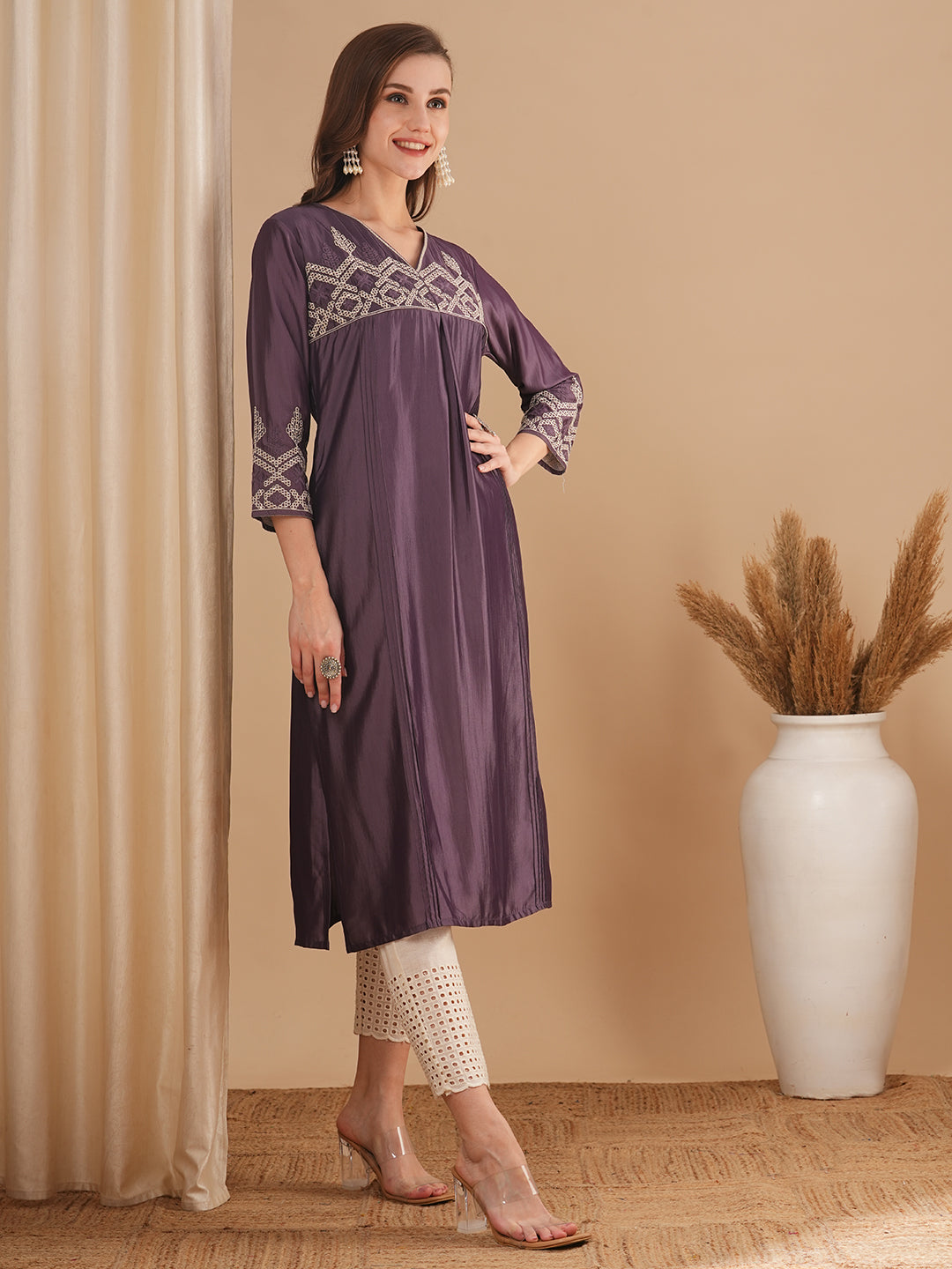 Ethnic Embroidered Straight Fit Kurta - Purple