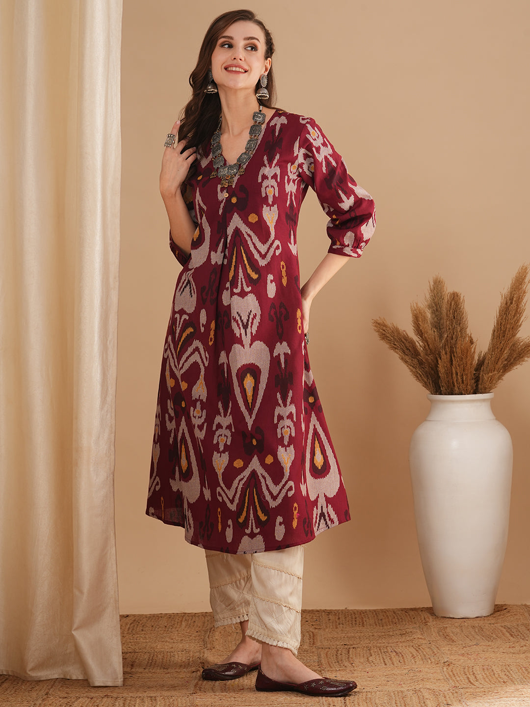 Ethnic Ikat Printed A-Line Kurta - Maroon