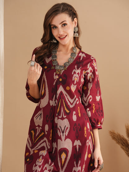 Ethnic Ikat Printed A-Line Kurta - Maroon