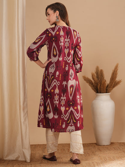 Ethnic Ikat Printed A-Line Kurta - Maroon