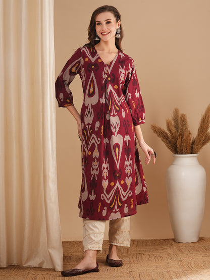 Ethnic Ikat Printed A-Line Kurta - Maroon