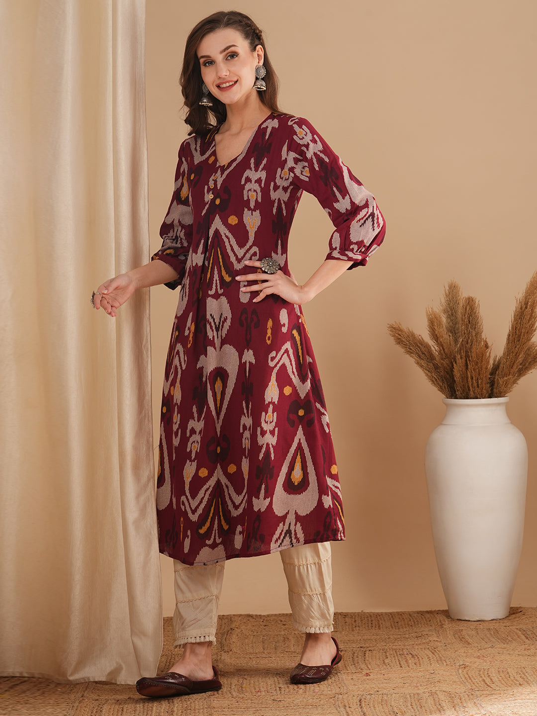 Ethnic Ikat Printed A-Line Kurta - Maroon