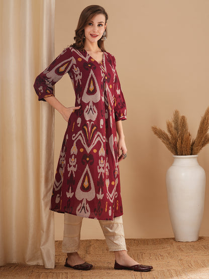 Ethnic Ikat Printed A-Line Kurta - Maroon