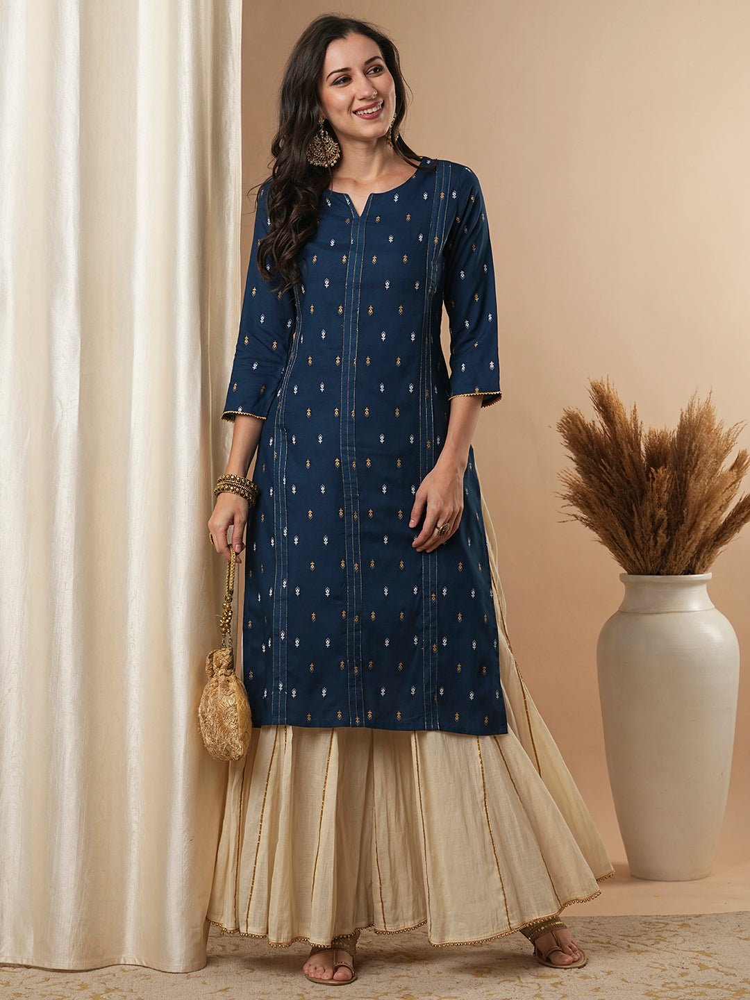 Ethnic Foil Printed Straight Fit Kurta - Teal Blue