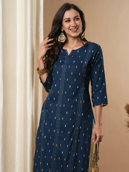 Ethnic Foil Printed Straight Fit Kurta - Teal Blue