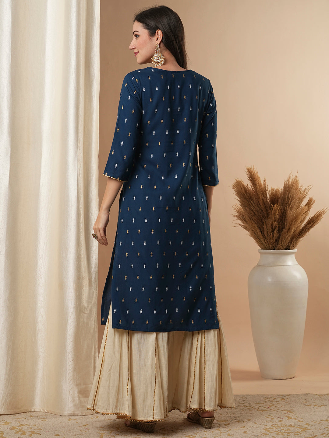 Ethnic Foil Printed Straight Fit Kurta - Teal Blue