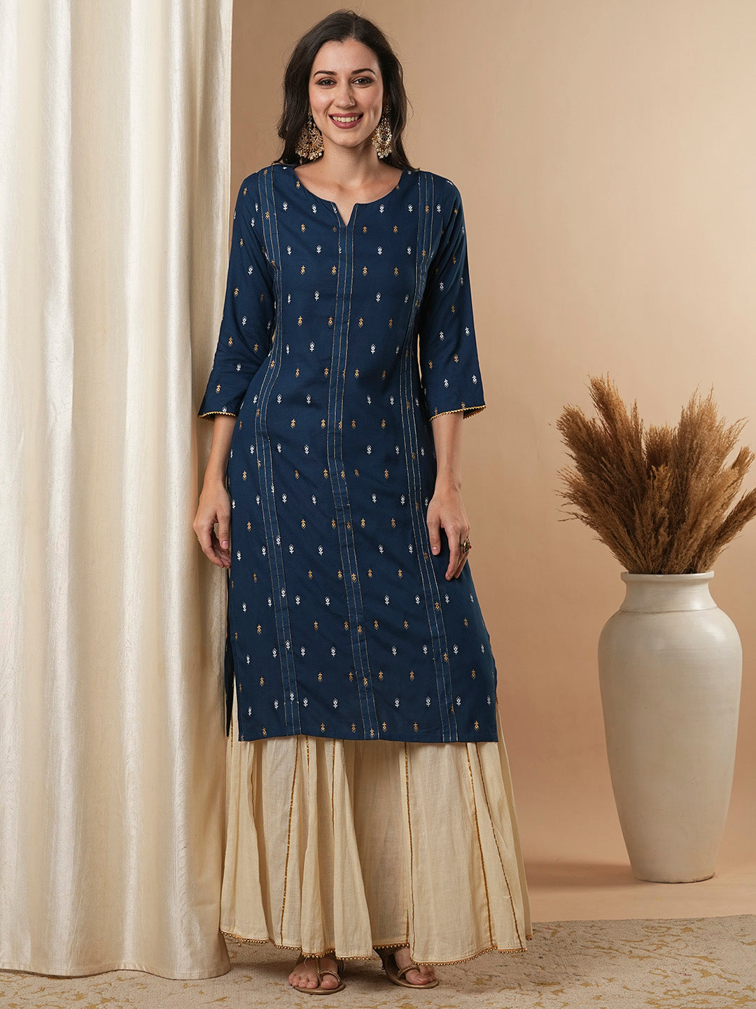 Ethnic Foil Printed Straight Fit Kurta - Teal Blue