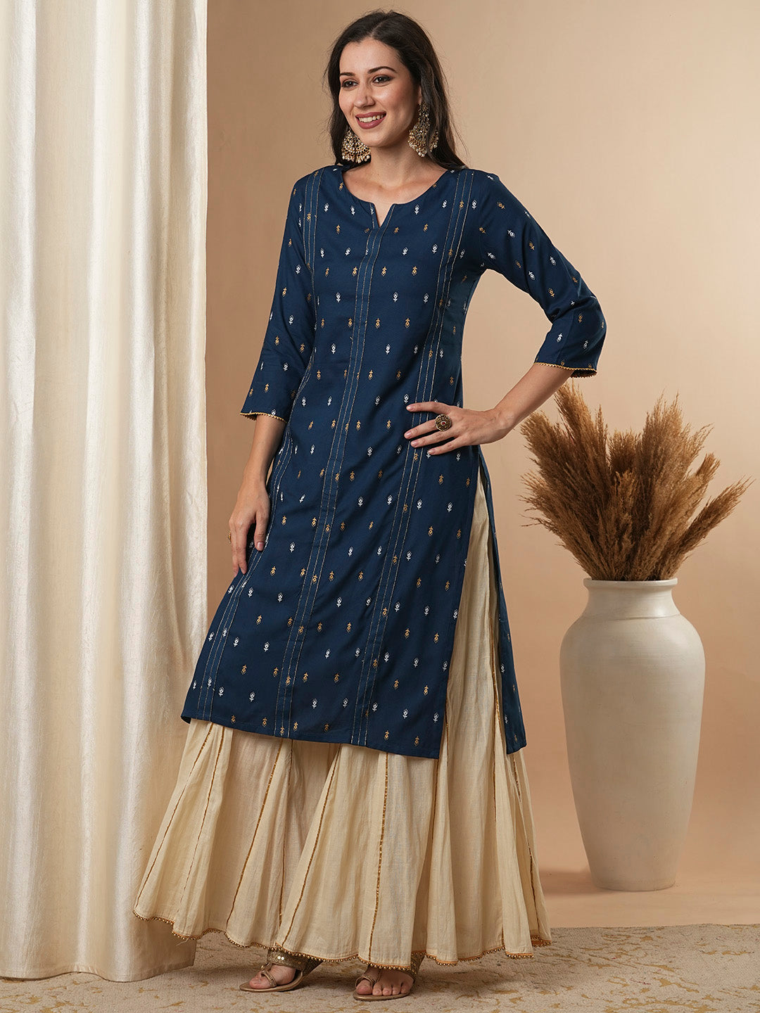 Ethnic Foil Printed Straight Fit Kurta - Teal Blue