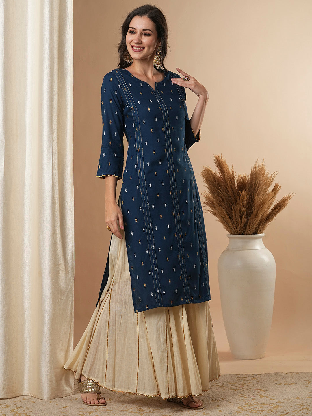 Ethnic Foil Printed Straight Fit Kurta - Teal Blue