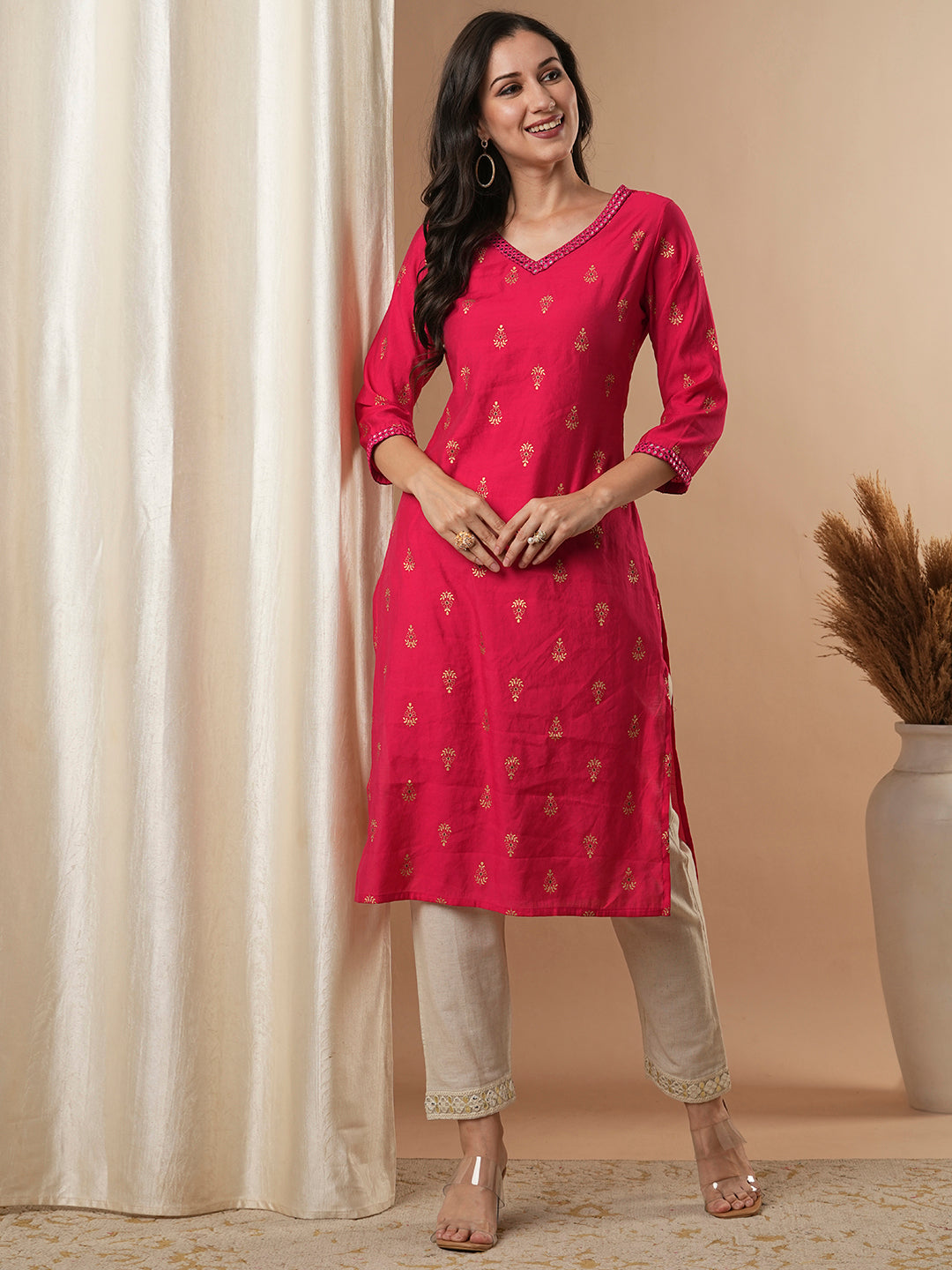 Ethnic Foil Floral Buti Printed & Mirror Embroidered Straight Fit Kurta - Pink