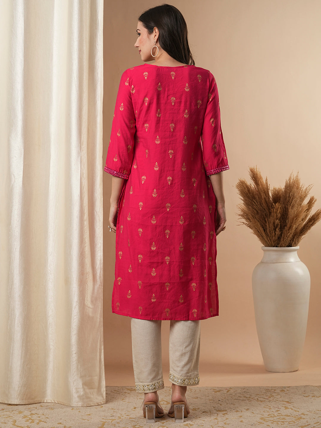 Ethnic Foil Floral Buti Printed & Mirror Embroidered Straight Fit Kurta - Pink