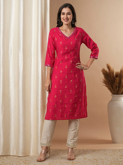 Ethnic Foil Floral Buti Printed & Mirror Embroidered Straight Fit Kurta - Pink