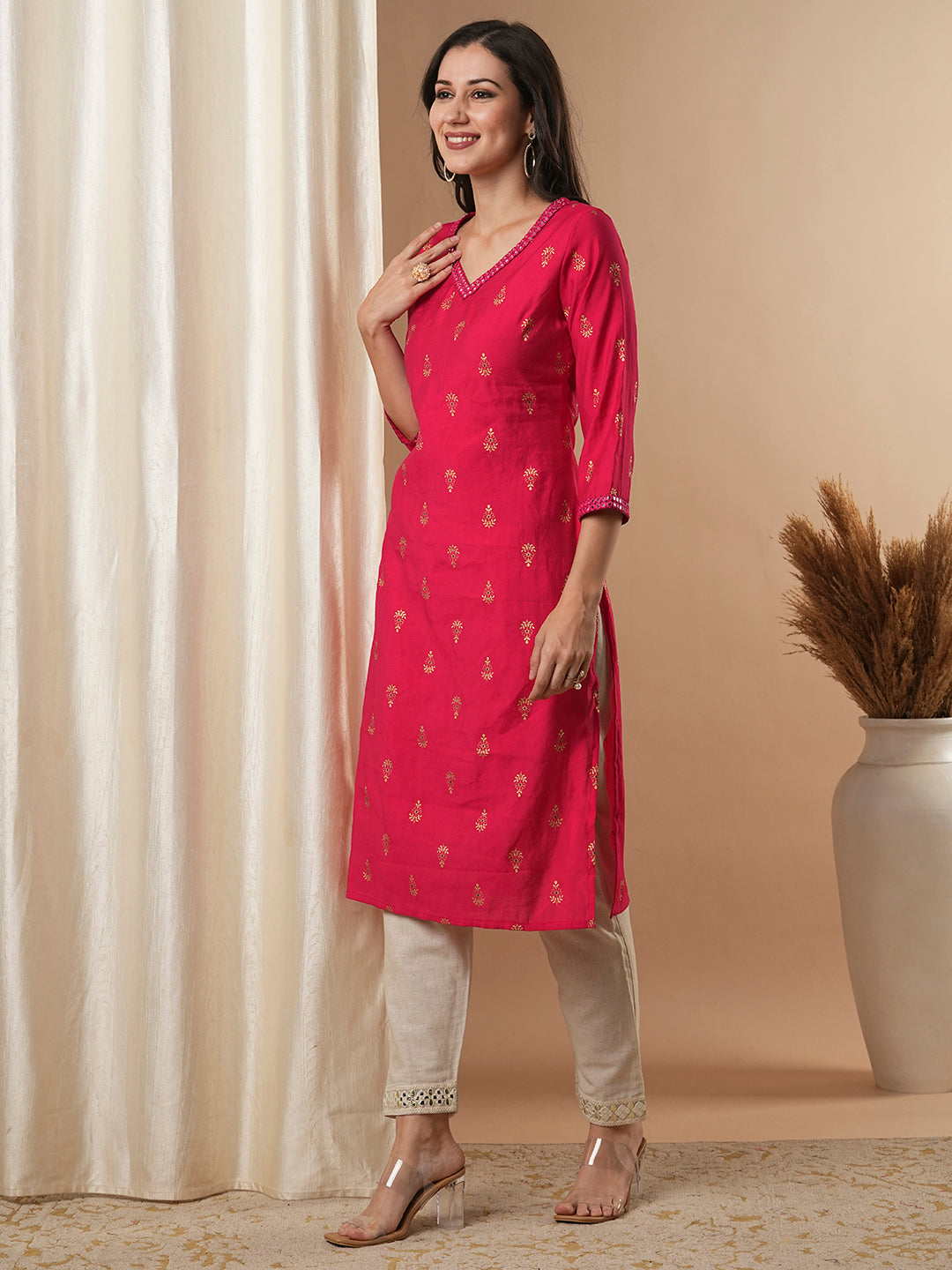 Ethnic Foil Floral Buti Printed & Mirror Embroidered Straight Fit Kurta - Pink