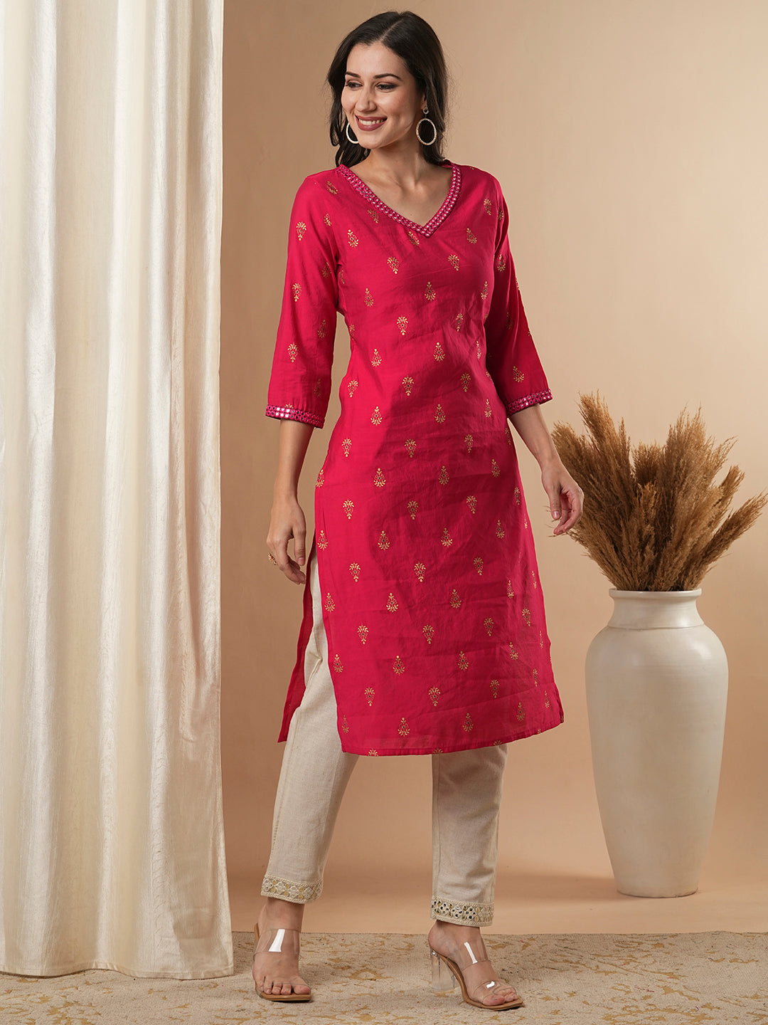 Ethnic Foil Floral Buti Printed & Mirror Embroidered Straight Fit Kurta - Pink