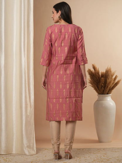 Ethnic Foil Floral Buti Printed Straight Fit Kurta - Peach