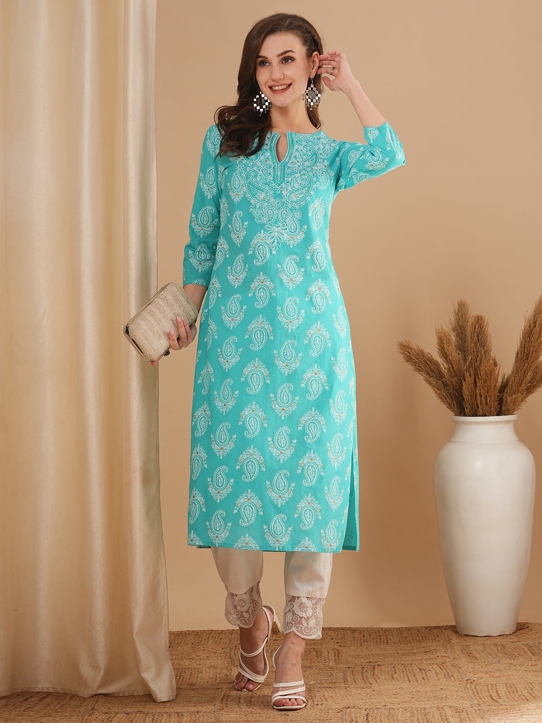 Ethnic Floral Printed & Embroidered Straight Fit Kurta - Blue