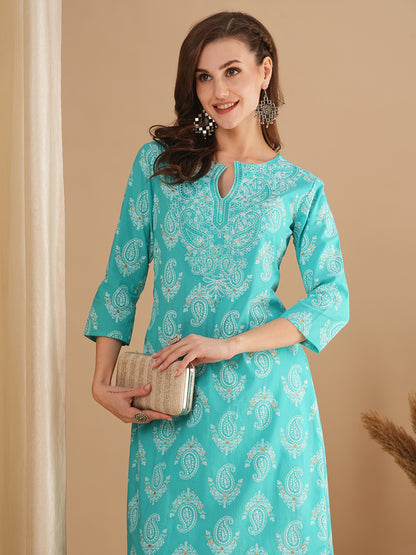 Ethnic Floral Printed & Embroidered Straight Fit Kurta - Blue