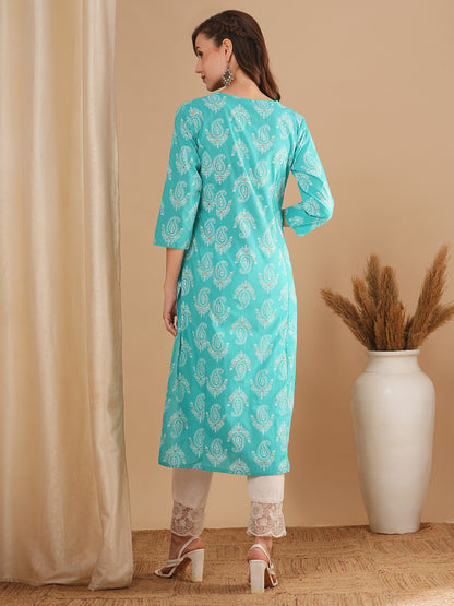 Ethnic Floral Printed & Embroidered Straight Fit Kurta - Blue