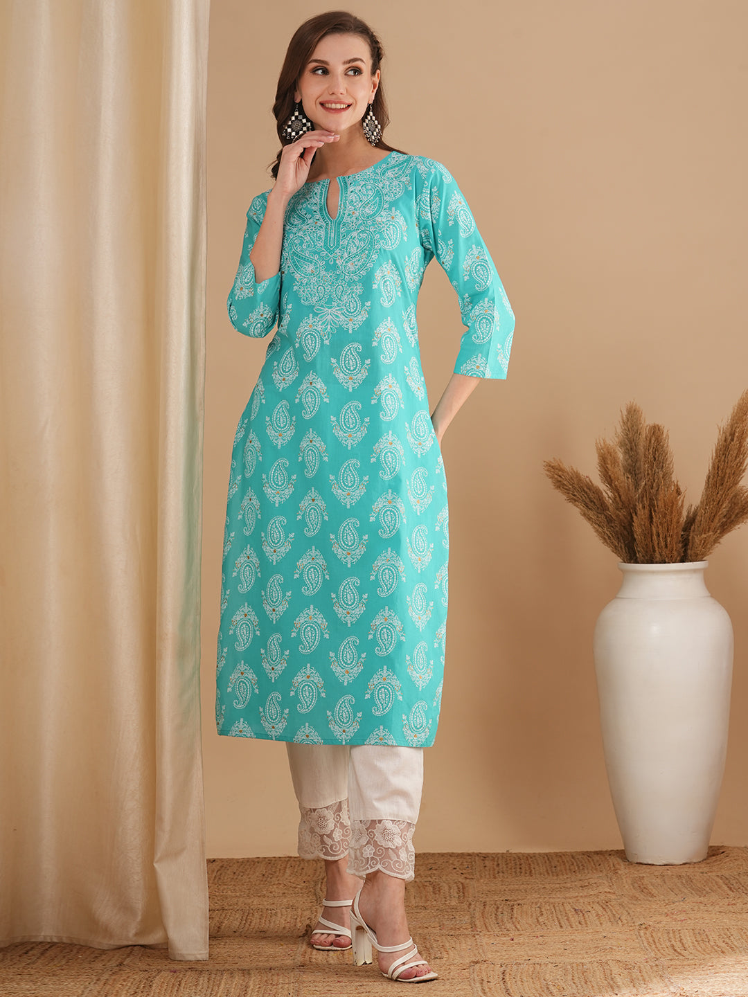 Ethnic Floral Printed & Embroidered Straight Fit Kurta - Blue