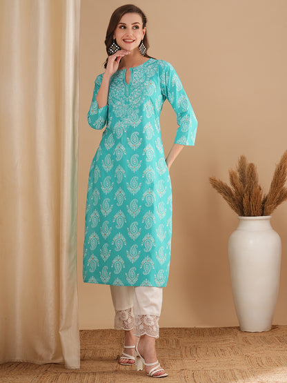 Ethnic Floral Printed & Embroidered Straight Fit Kurta - Blue