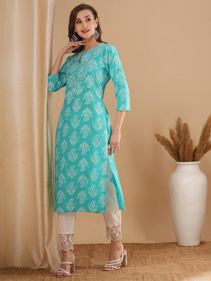 Ethnic Floral Printed & Embroidered Straight Fit Kurta - Blue