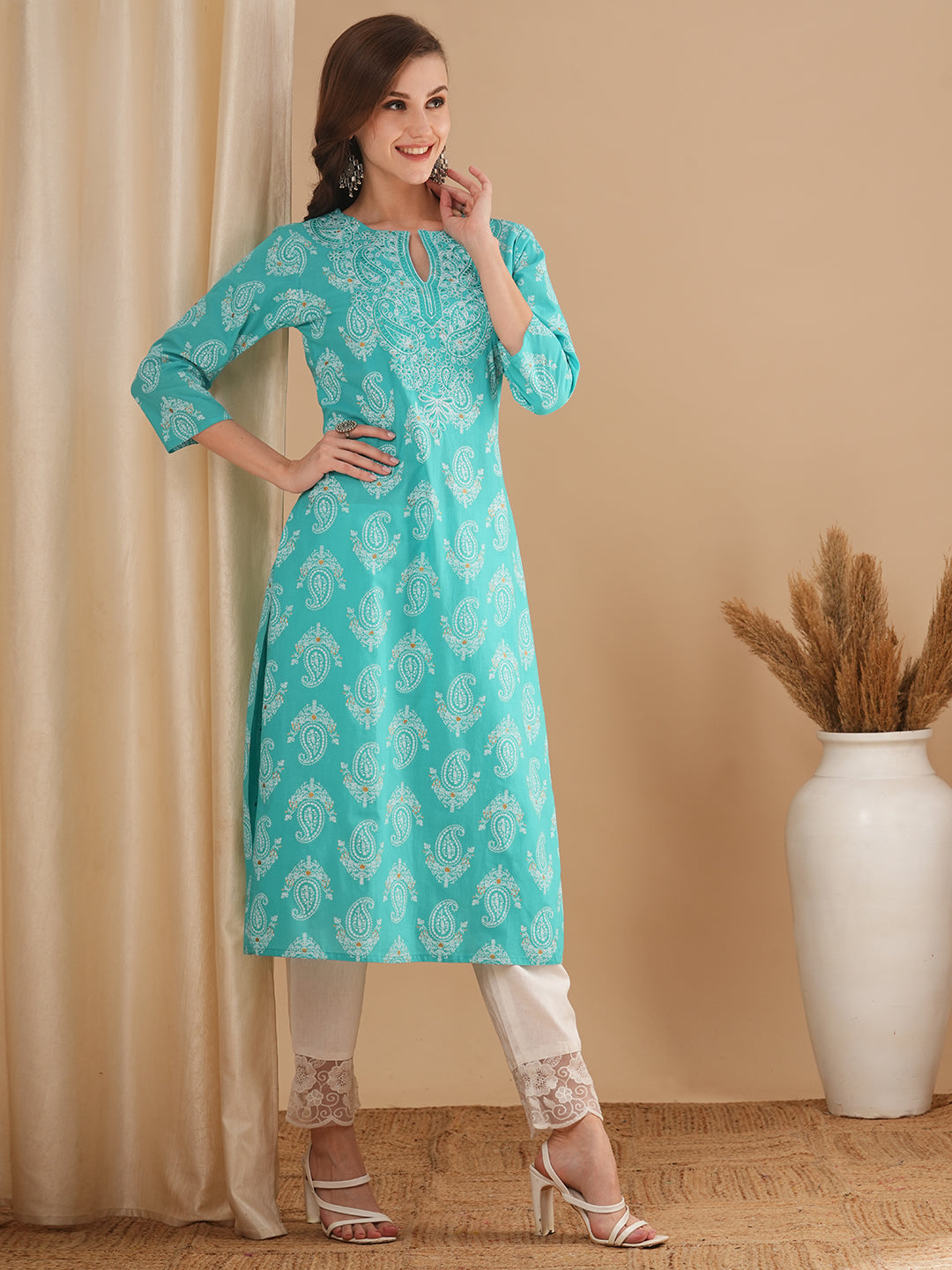 Ethnic Floral Printed & Embroidered Straight Fit Kurta - Blue