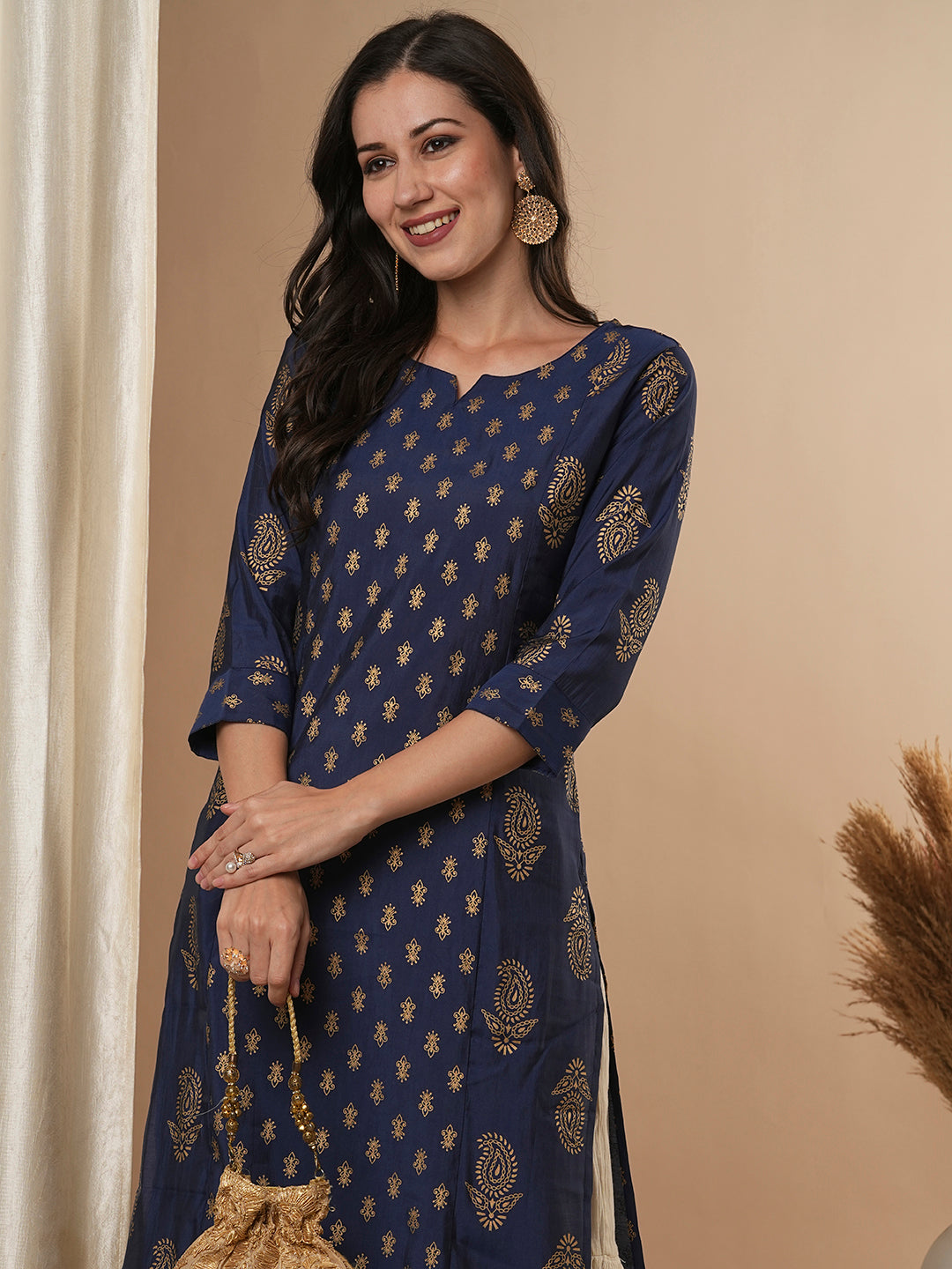 Ethnic Foil Printed Straight Fit Kurta - Blue