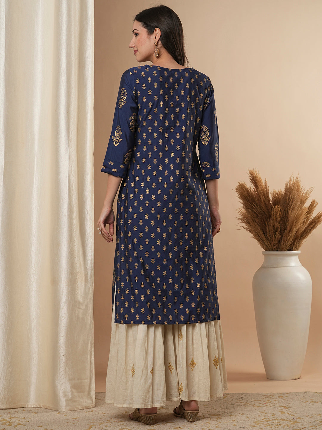 Ethnic Foil Printed Straight Fit Kurta - Blue