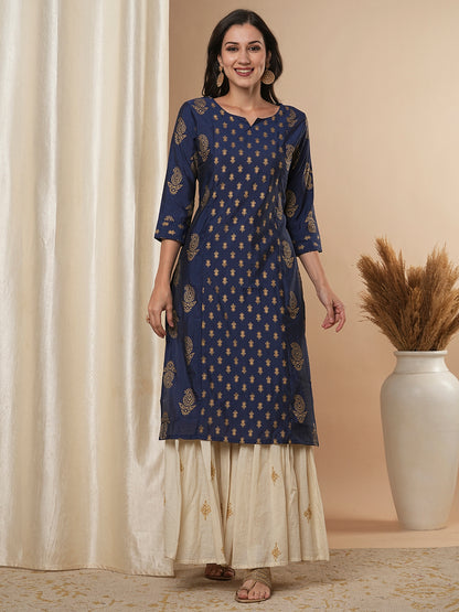 Ethnic Foil Printed Straight Fit Kurta - Blue