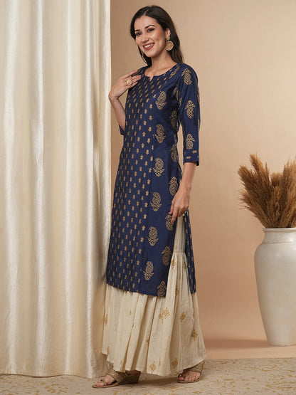 Ethnic Foil Printed Straight Fit Kurta - Blue