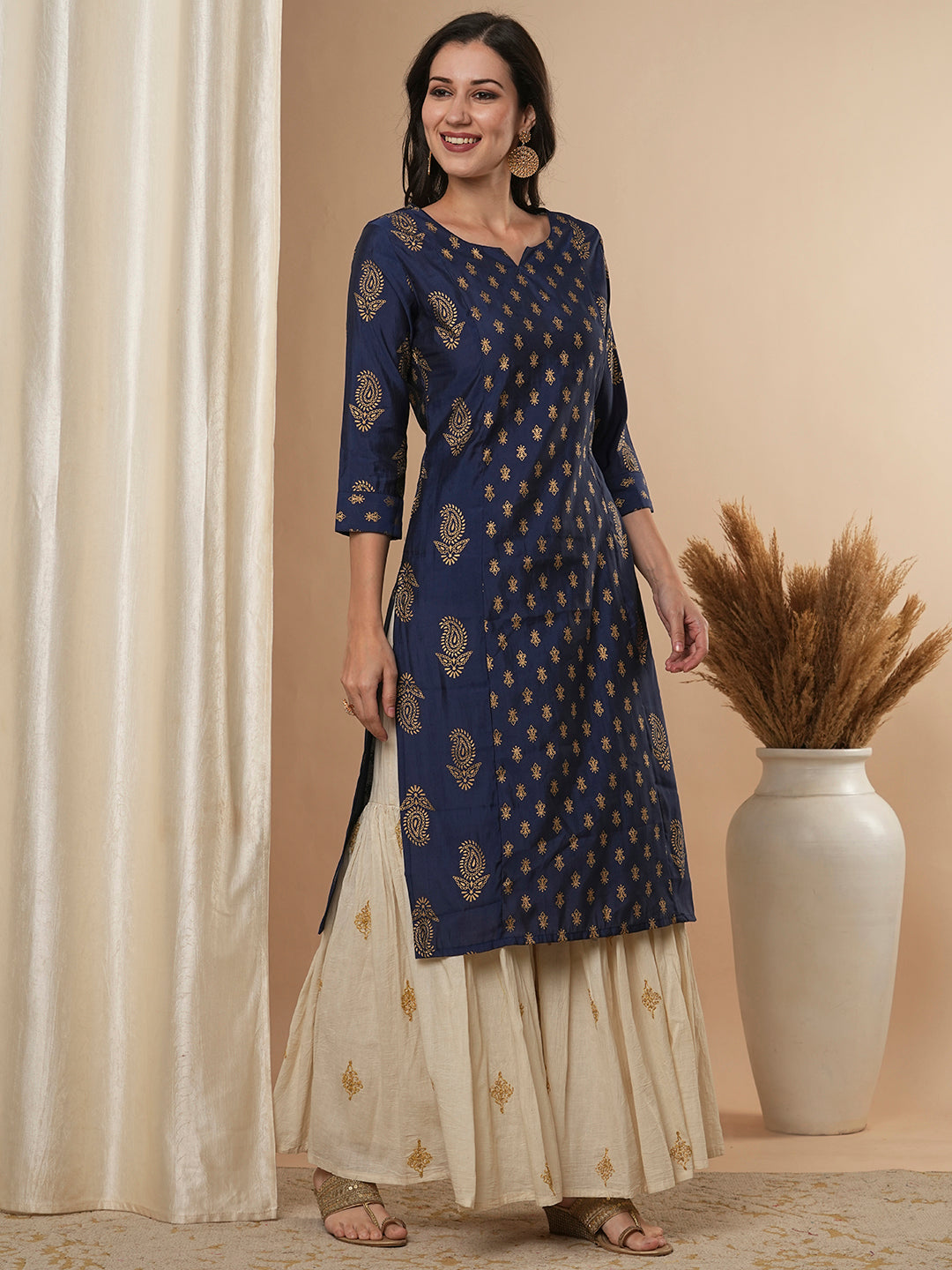 Ethnic Foil Printed Straight Fit Kurta - Blue