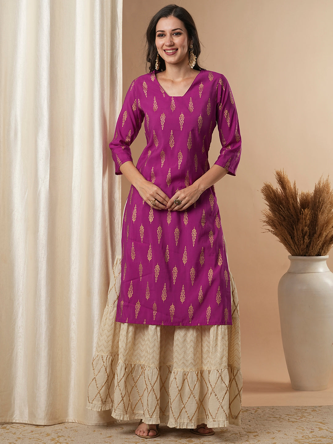 Ethnic Foil Floral Buti Printed Straight Fit Kurta - Purple