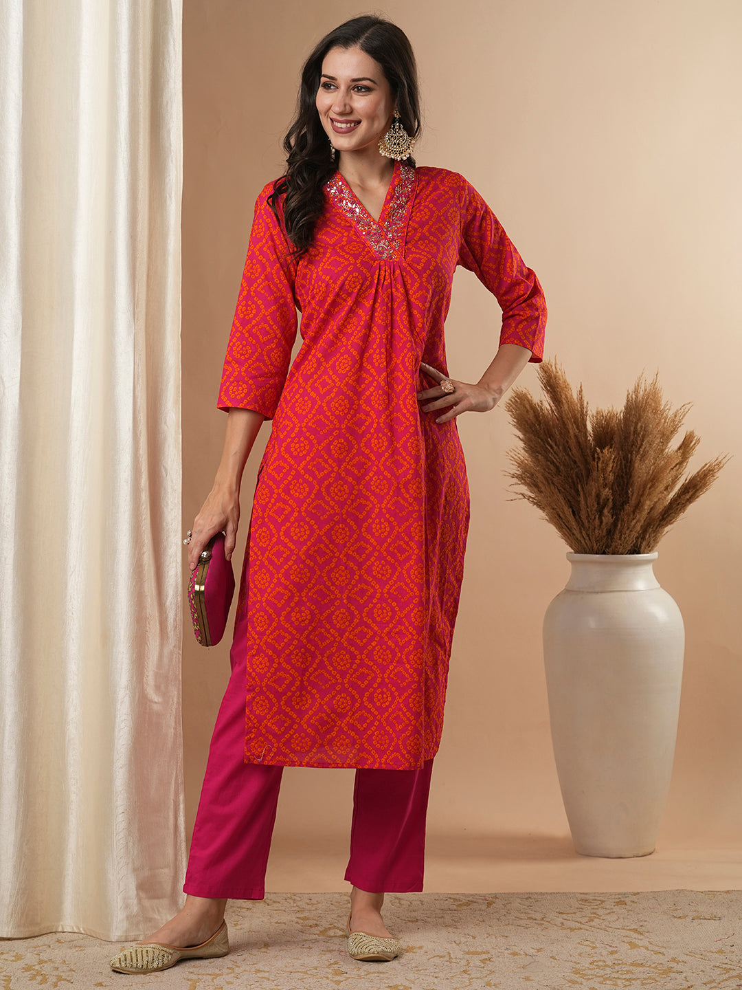 Bandhani Printed & Embroidered Straight Fit Kurta with Pant - Pink