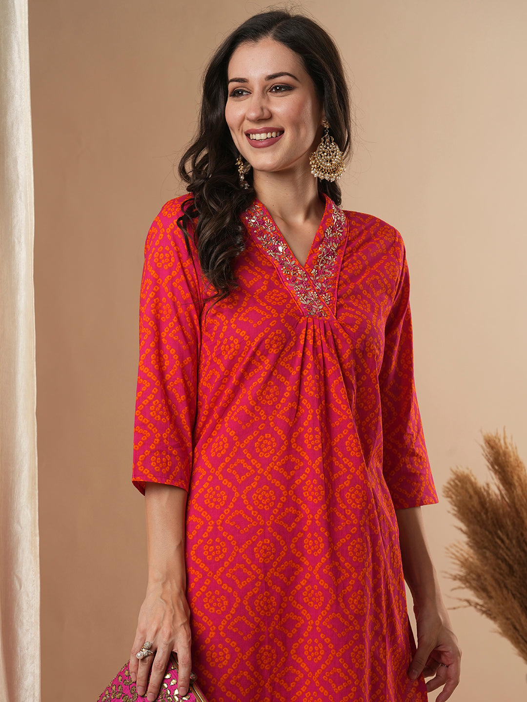 Bandhani Printed & Embroidered Straight Fit Kurta with Pant - Pink