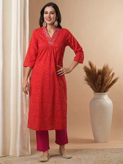 Bandhani Printed & Embroidered Straight Fit Kurta with Pant - Pink