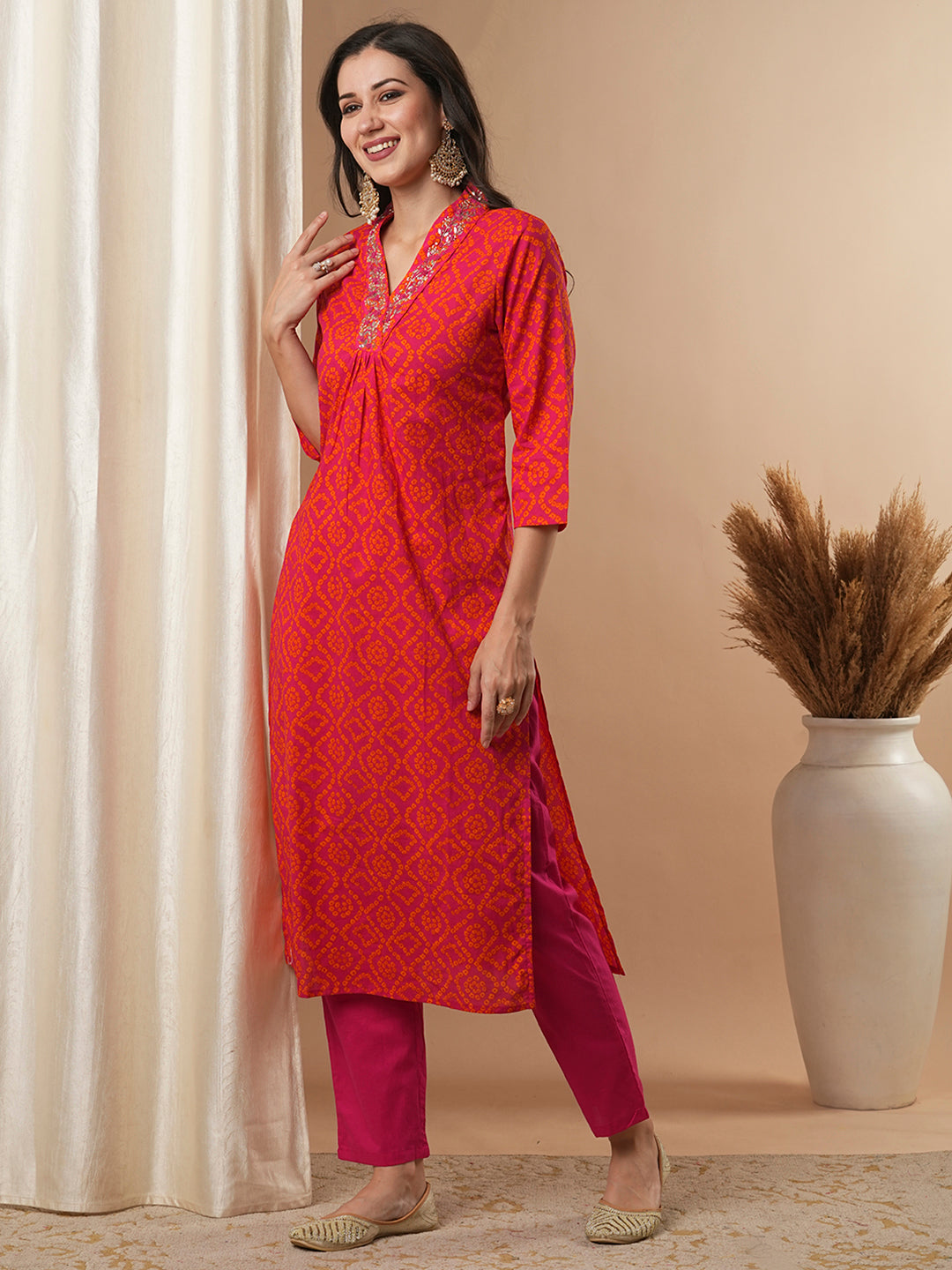 Bandhani Printed & Embroidered Straight Fit Kurta with Pant - Pink