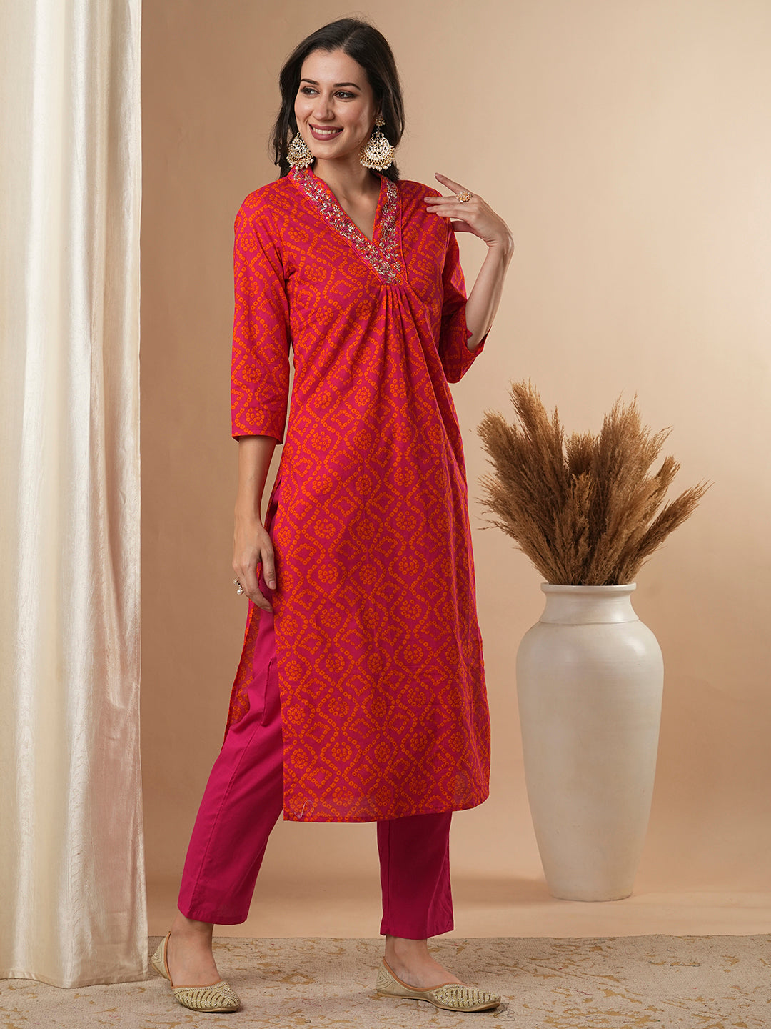 Bandhani Printed & Embroidered Straight Fit Kurta with Pant - Pink