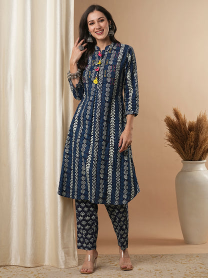 Ethnic Floral Printed & Hand Embroidered A-Line Kurta with Pant - Indigo