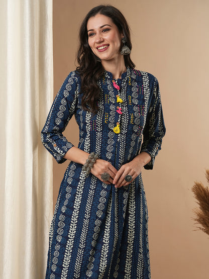 Ethnic Floral Printed & Hand Embroidered A-Line Kurta with Pant - Indigo