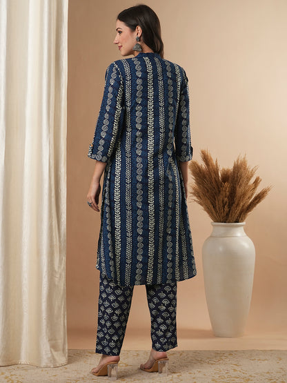 Ethnic Floral Printed & Hand Embroidered A-Line Kurta with Pant - Indigo