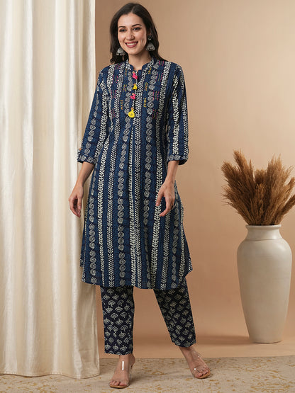 Ethnic Floral Printed & Hand Embroidered A-Line Kurta with Pant - Indigo