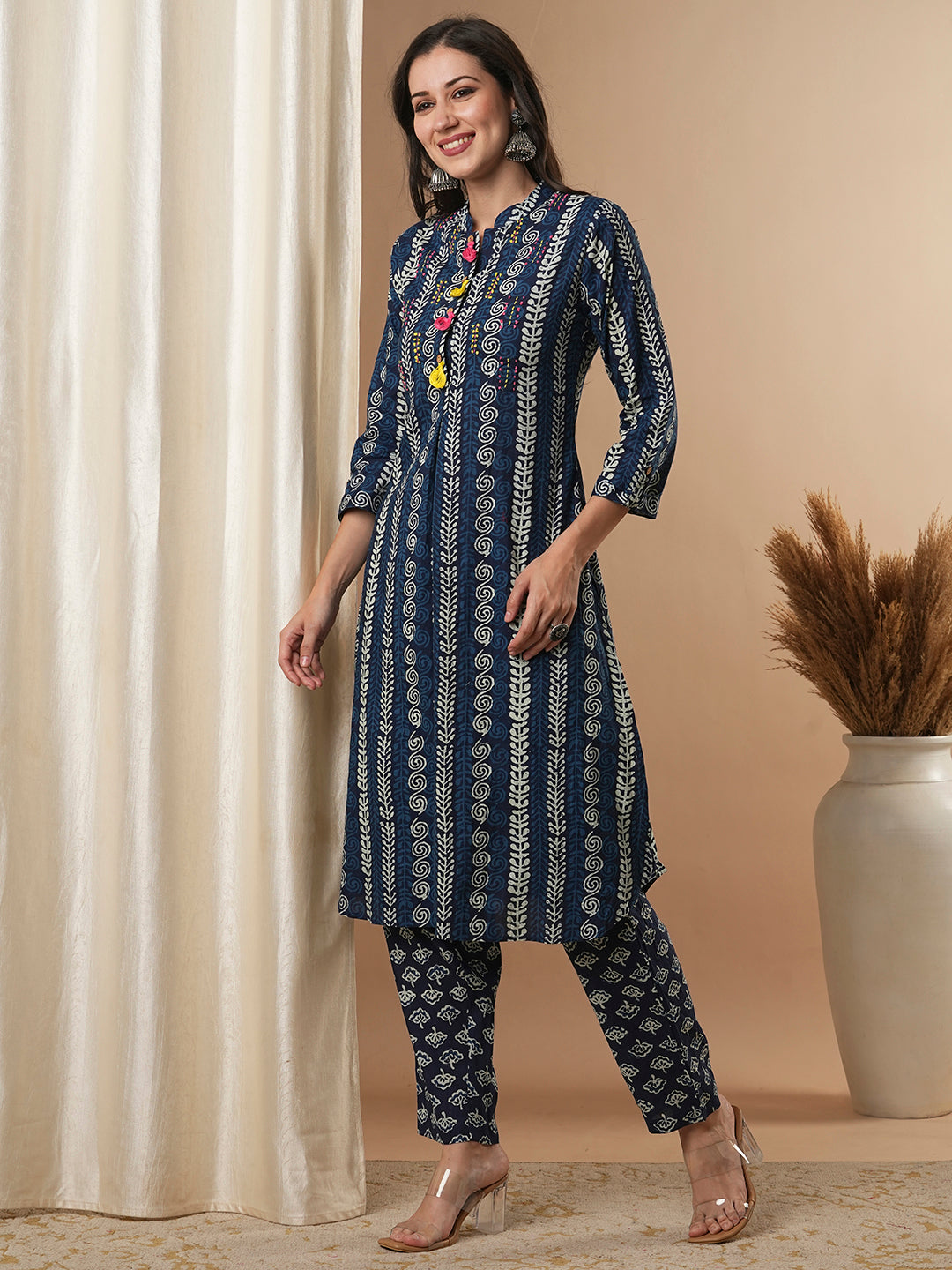 Ethnic Floral Printed & Hand Embroidered A-Line Kurta with Pant - Indigo