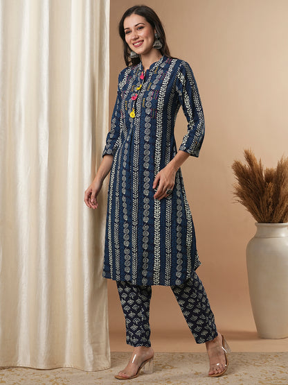 Ethnic Floral Printed & Hand Embroidered A-Line Kurta with Pant - Indigo