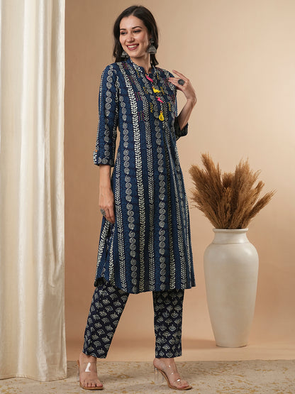 Ethnic Floral Printed & Hand Embroidered A-Line Kurta with Pant - Indigo