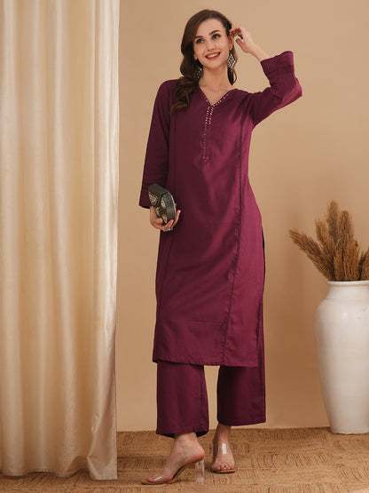 Solid Ethnic Embroidered Straight Fit Cotton Flax Co-ord Set - Burgundy