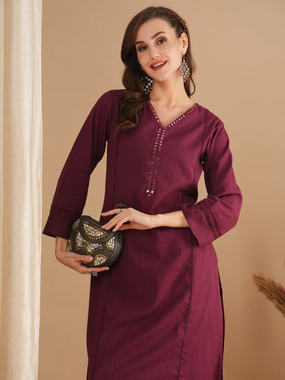 Solid Ethnic Embroidered Straight Fit Cotton Flax Co-ord Set - Burgundy