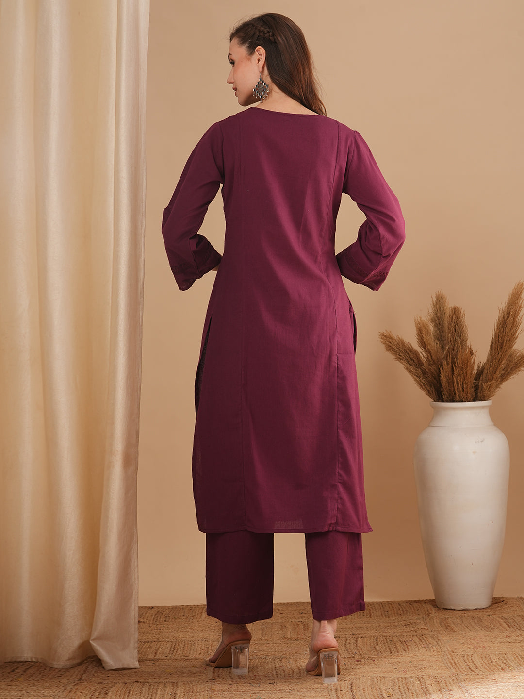 Solid Ethnic Embroidered Straight Fit Cotton Flax Co-ord Set - Burgundy