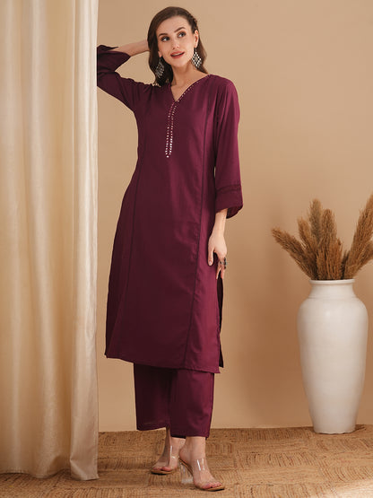 Solid Ethnic Embroidered Straight Fit Cotton Flax Co-ord Set - Burgundy