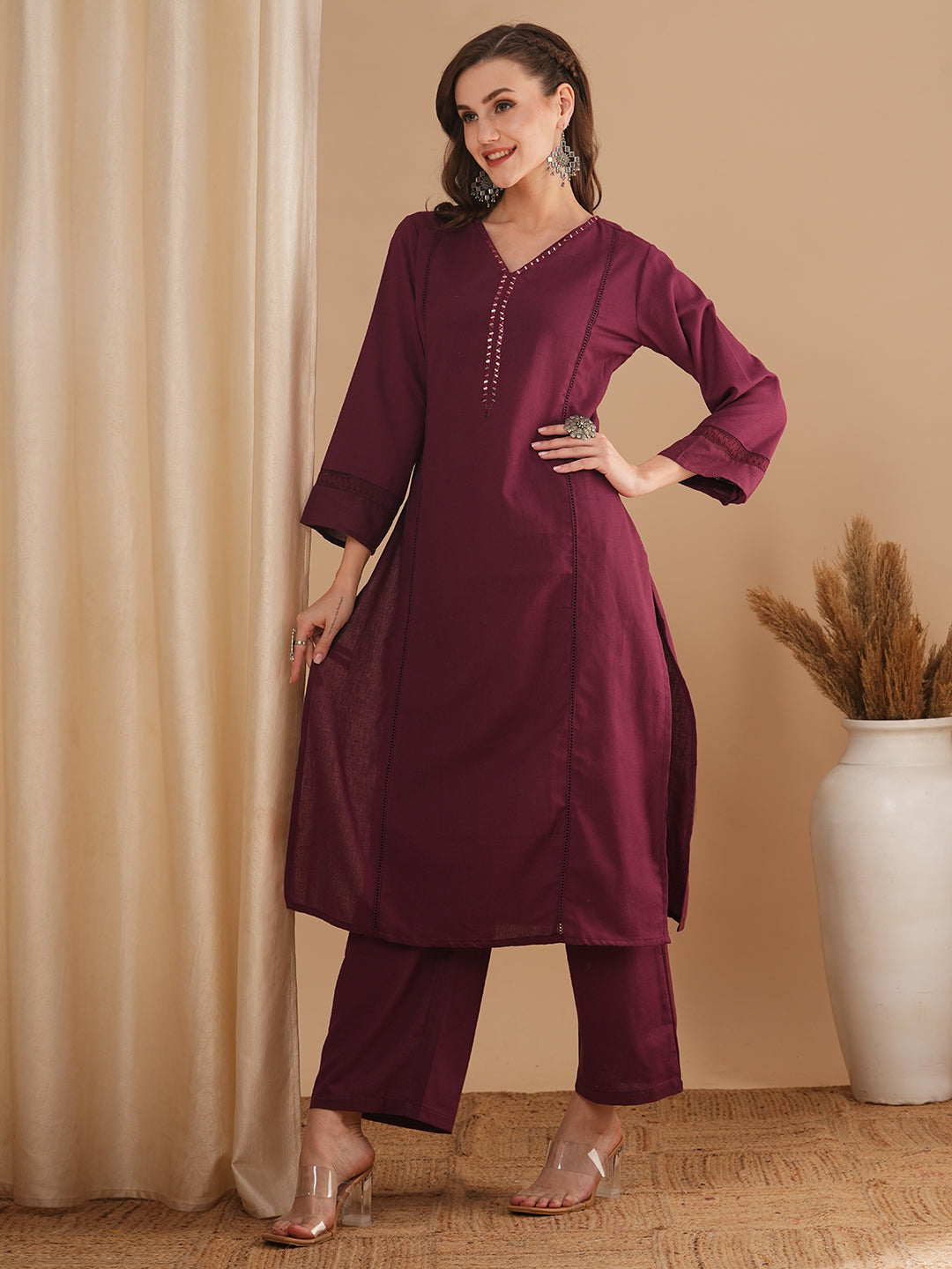 Solid Ethnic Embroidered Straight Fit Cotton Flax Co-ord Set - Burgundy