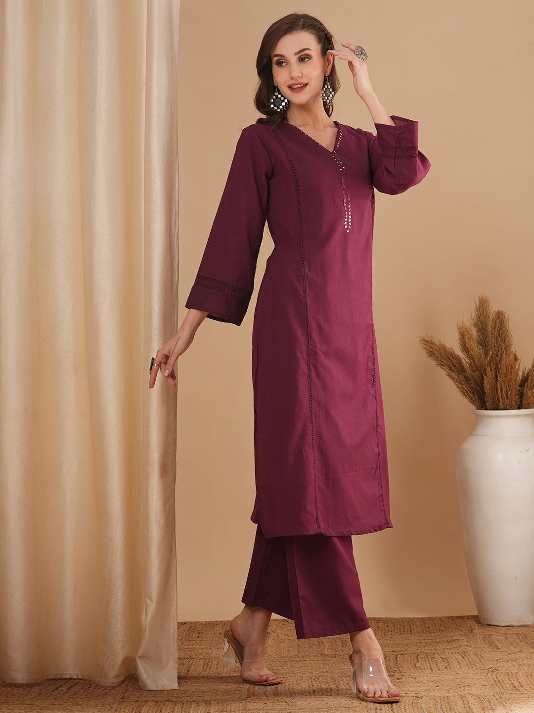 Solid Ethnic Embroidered Straight Fit Cotton Flax Co-ord Set - Burgundy